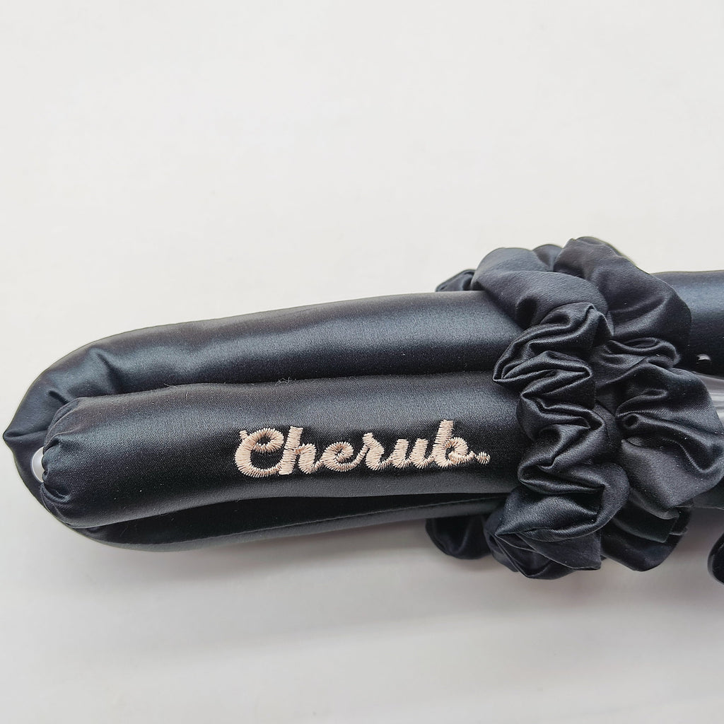 Black Cherub Silk Curling Ribbon with silk scrunchies and claw clip. Free shipping in Australia